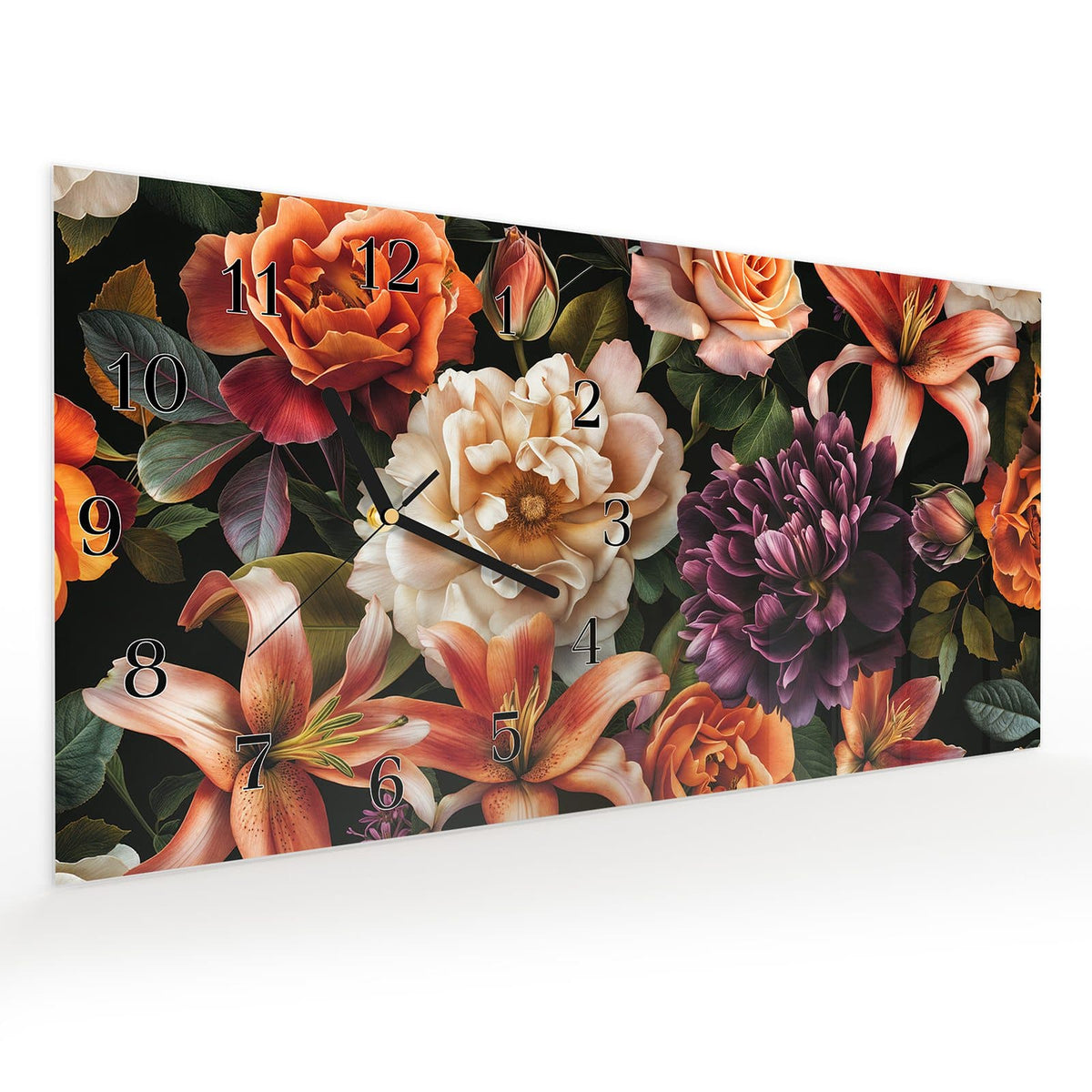 Vormontiert – mit Schwebeeffekt – Wanduhr Blumenpracht aus Glas – Querformat 60 × 30 cm