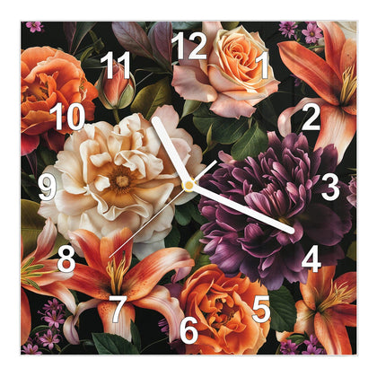 Wanduhr Quadratisch mit dem Motiv Lilien und Rosen