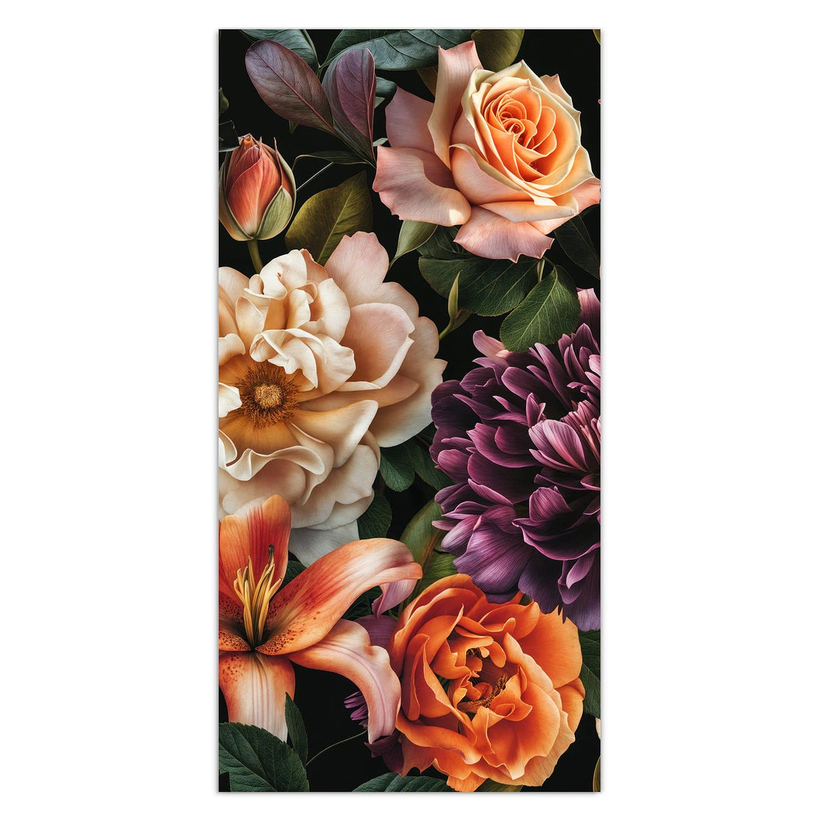 Üppiges Bouquet aus orangen Lilien, Rosen und einer dunkelvioletten Dahlie auf Schwarz.