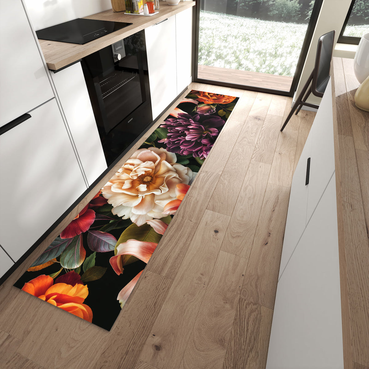 Wasserabweisender Bodenläufer mit Motiv Blumenpracht in moderner Küche