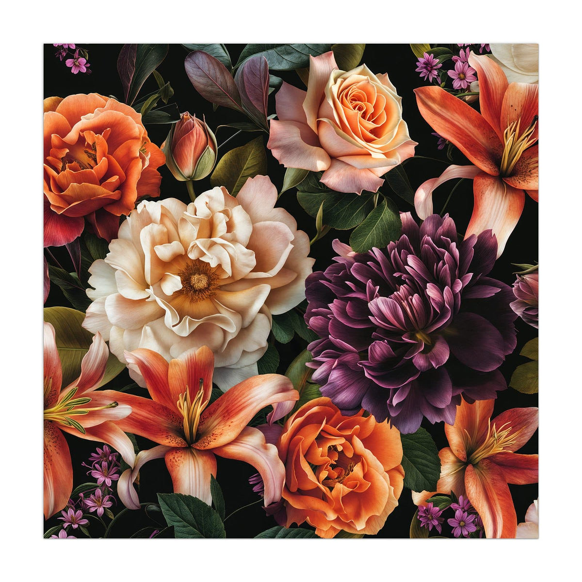 Üppiges Bouquet aus orangen Lilien, Rosen und einer dunkelvioletten Dahlie auf Schwarz.
