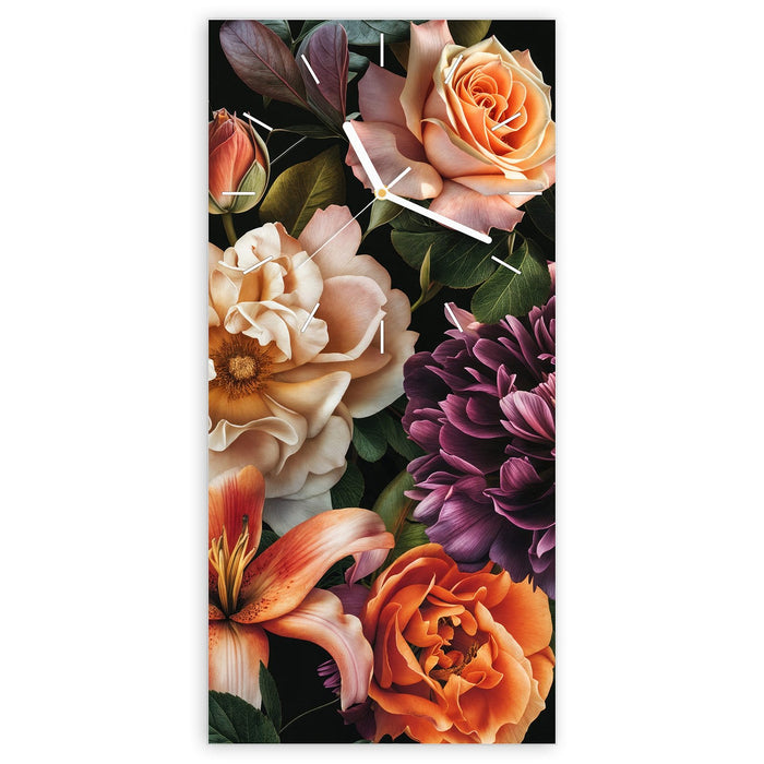 Wanduhr Blumenpracht aus Glas – Hochformat 30 × 60 cm mit Ziffernblatt Linie