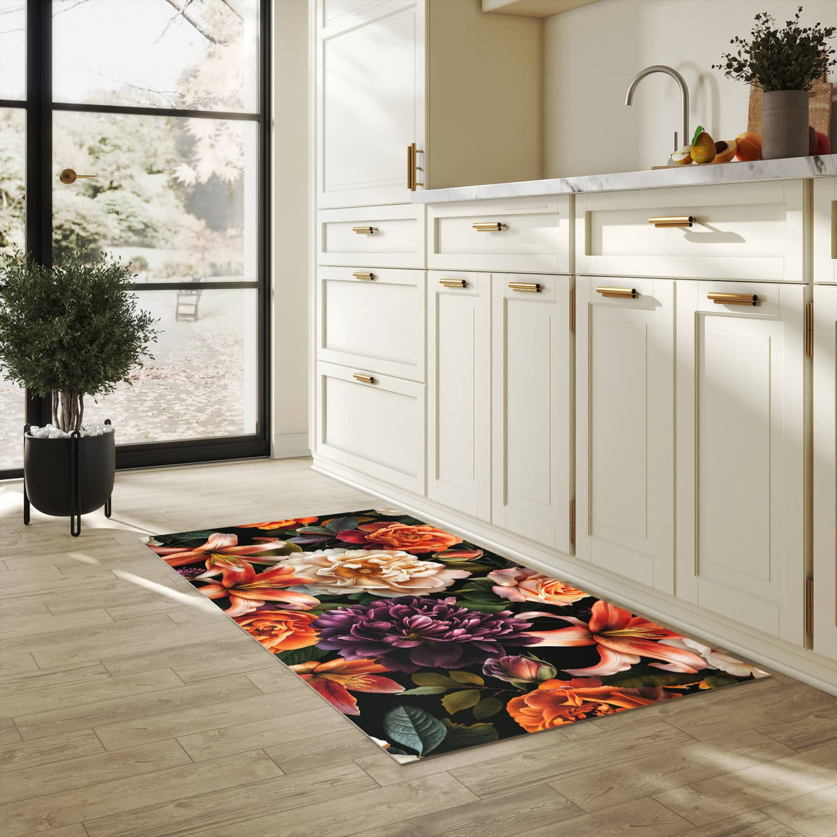 Geruchsneutraler waschbarer Läufer für die Küche mit Motiv Blumenpracht in heller Küche