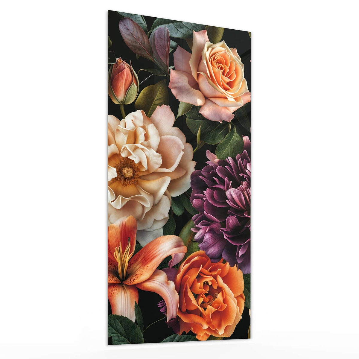 Glasbild Lilien und Rosen von der Seite, 4 mm Echtglas
