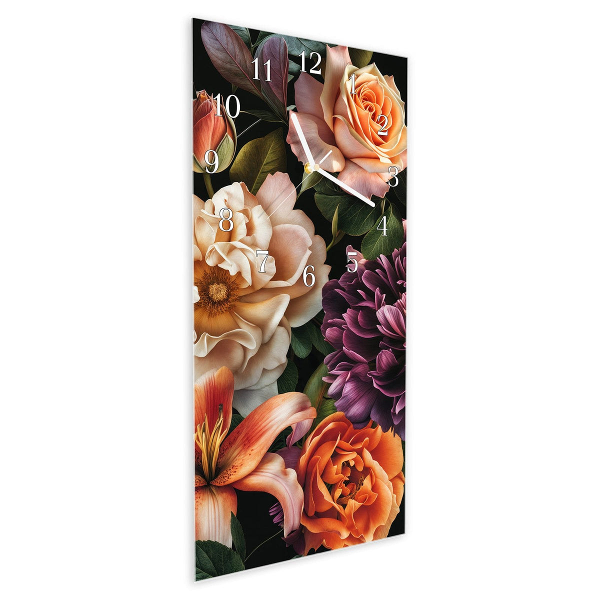 Vormontiert – mit Schwebeeffekt – Wanduhr Blumenpracht aus Glas – Hochformat 30 × 60 cm