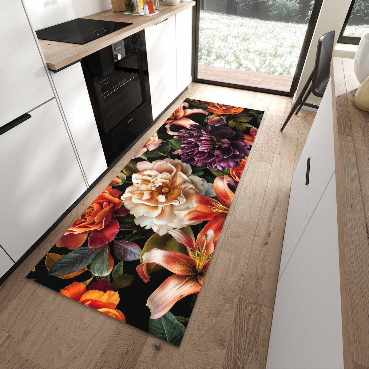 Rutschfester waschbarer Küchenteppich mit Motiv Blumenpracht in moderner Küche