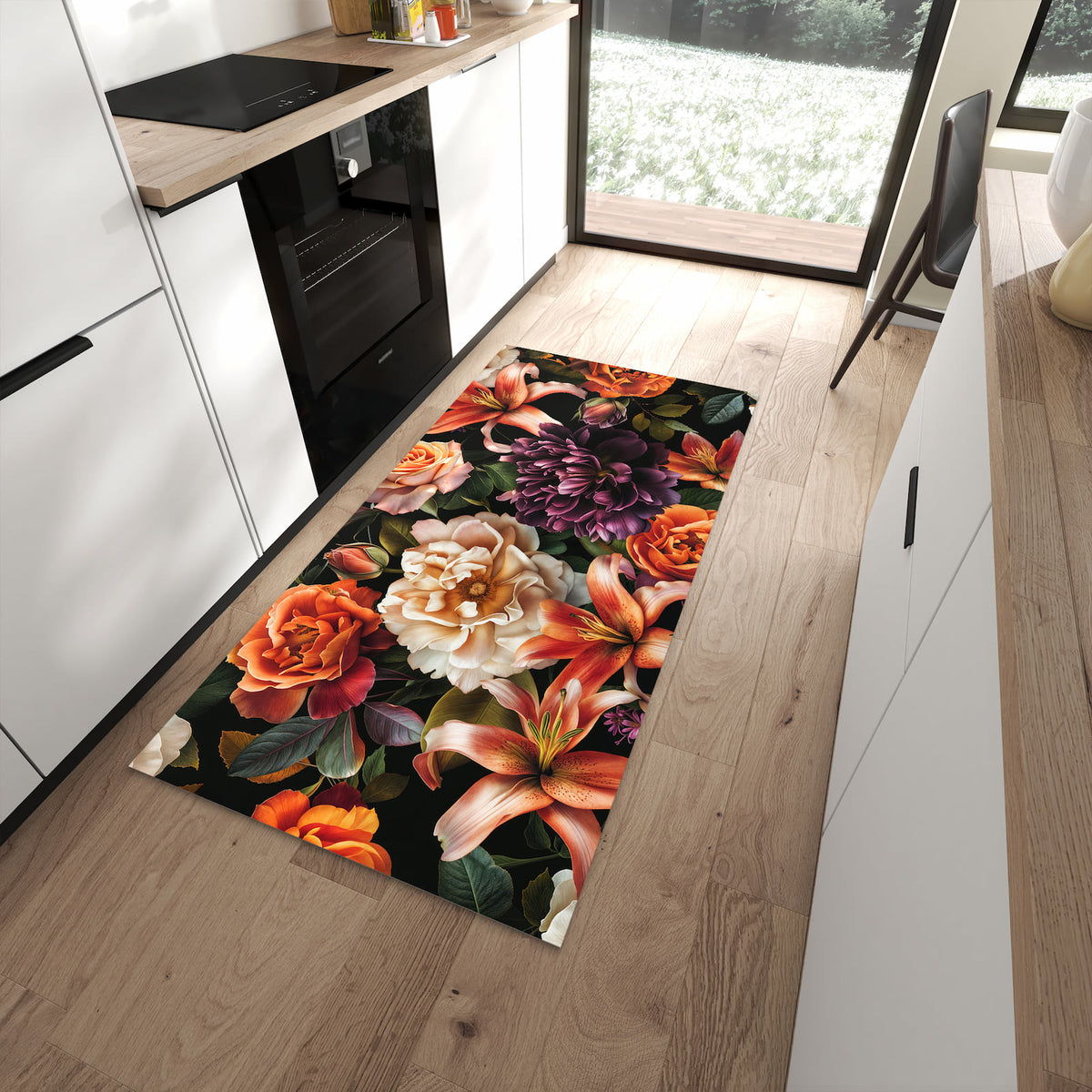 Komfortabler waschbarer Küchenteppich mit Motiv Blumenpracht in moderner Küche