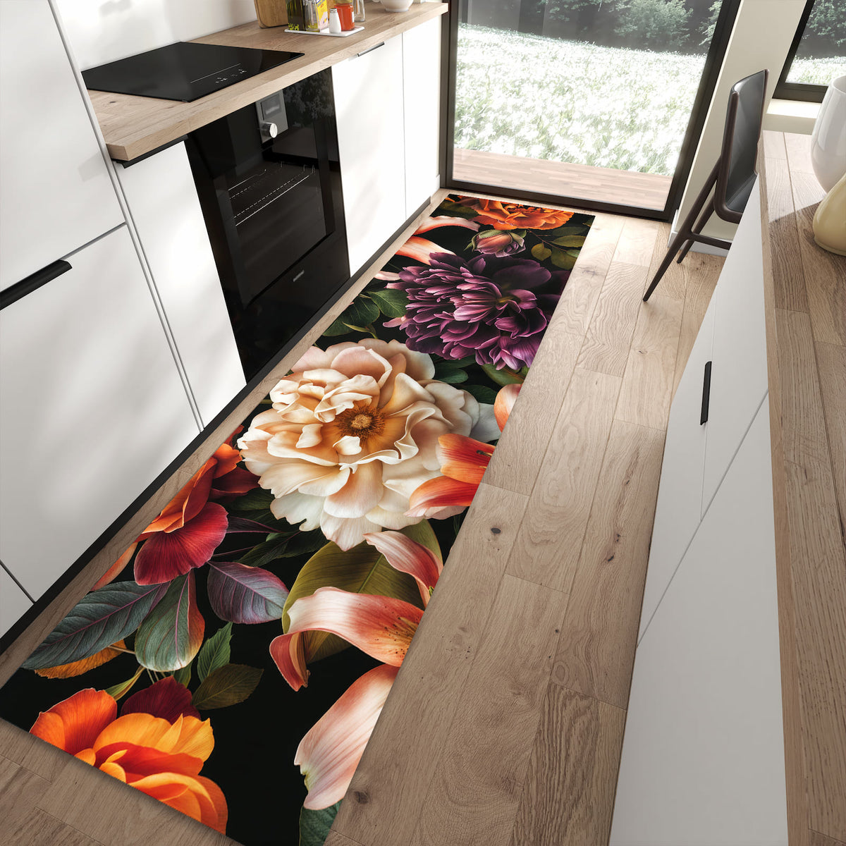 Pflegeleichter Küchenteppich mit Motiv Blumenpracht in moderner Küche