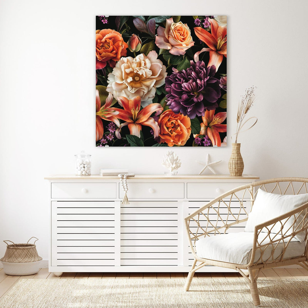 Echtglas, 4 mm – kein Acryl, keine Folie – Wandbild - Lilien und Rosen - Quadratisch