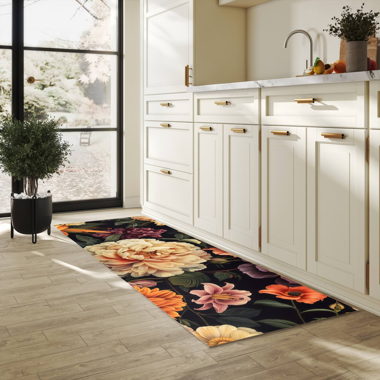 Flacher moderner Küchenläufer mit Motiv Blumenwiese Kunst in heller Küche