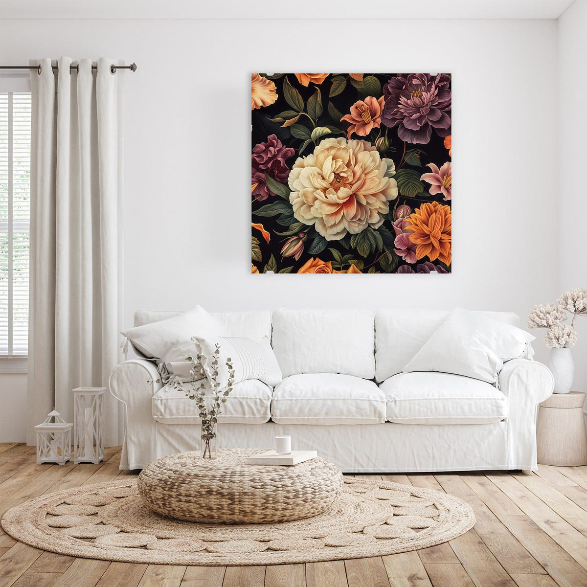 Glasbild Barocke Blüten an der Wand – Üppige Pfingstrosen, Dahlien und Lilien in Creme, Orange und Violett vor Tiefschwarz