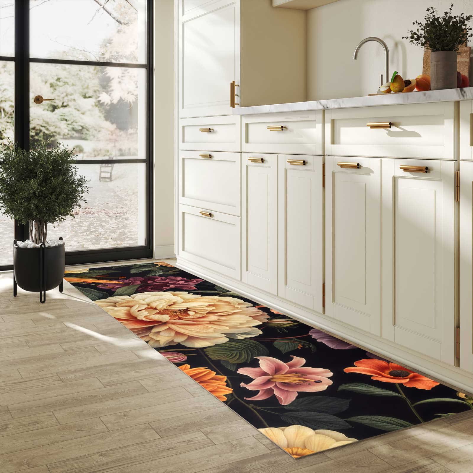 Komfortabler abwaschbarer Küchenteppich mit Motiv Blumenwiese Kunst in heller Küche