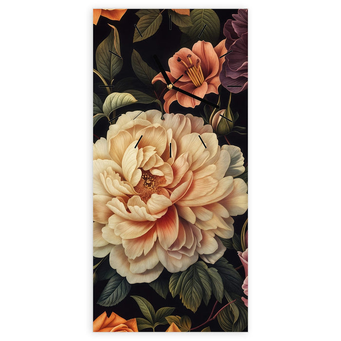 Wanduhr Blumenwiese Kunst aus Glas – Hochformat 30 × 60 cm mit Ziffernblatt Linie