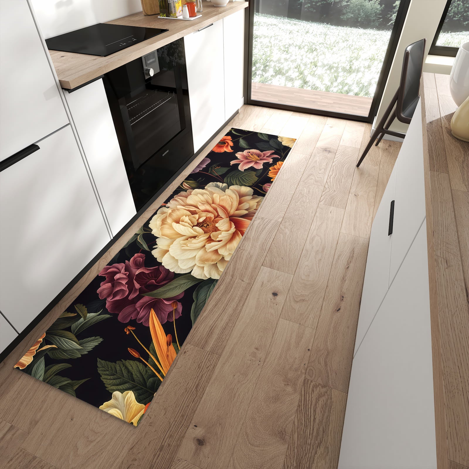 Hygienischer Küchenteppich mit Motiv Blumenwiese Kunst in moderner Küche - leicht waschbar