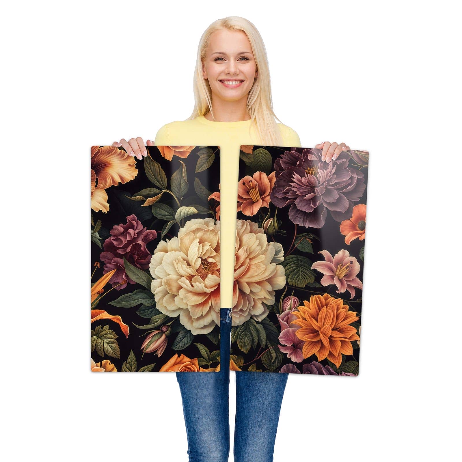 2-teilige Herdabdeckplatten für Ceranfeld mit Blumenwiese Kunst-Motiv wird zur Größendarstellung gehalten