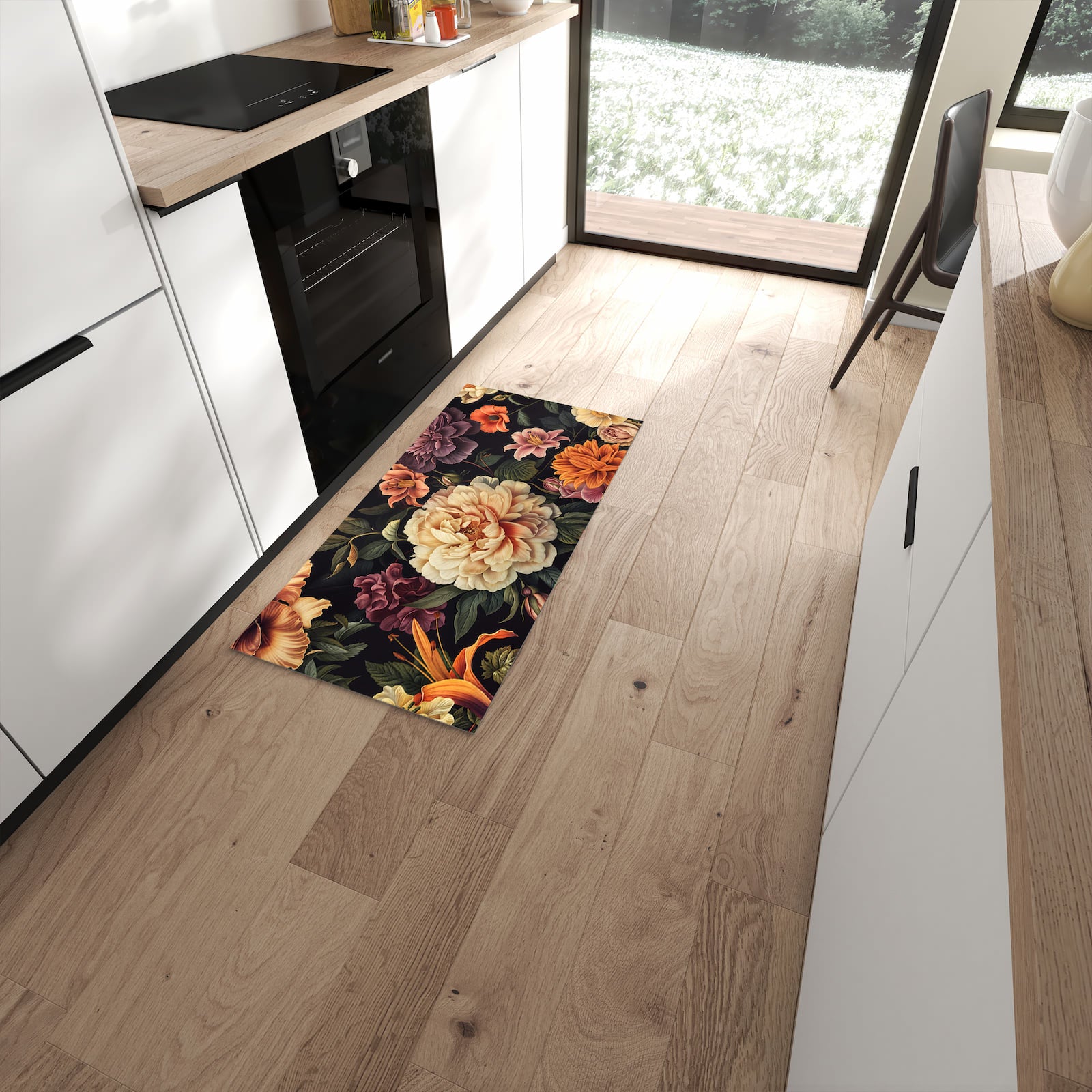 Rutschfester Küchenläufer mit Motiv Blumenwiese Kunst in moderner Küche #grösse_60 x 120 cm