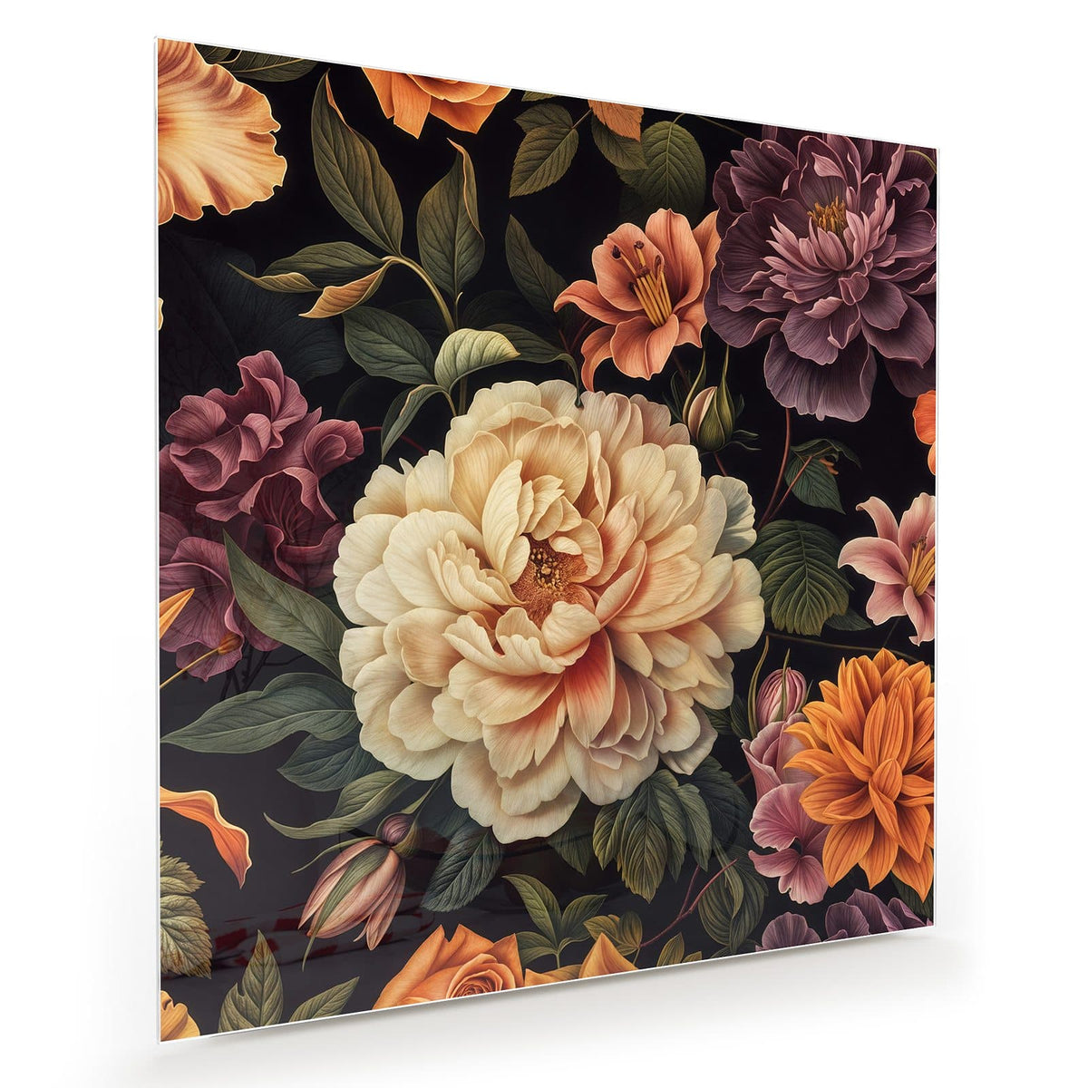 Üppige Pfingstrosen, Dahlien und Lilien in Creme, Orange und Violett vor Tiefschwarz