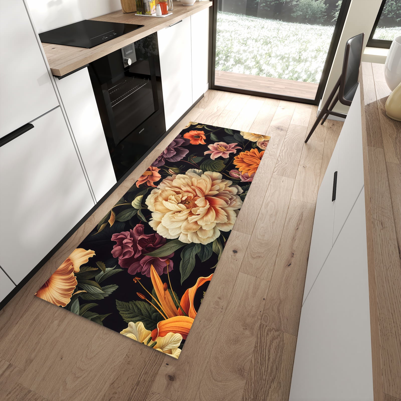 Rutschfester Küchenteppich mit Motiv Blumenwiese Kunst in moderner Küche