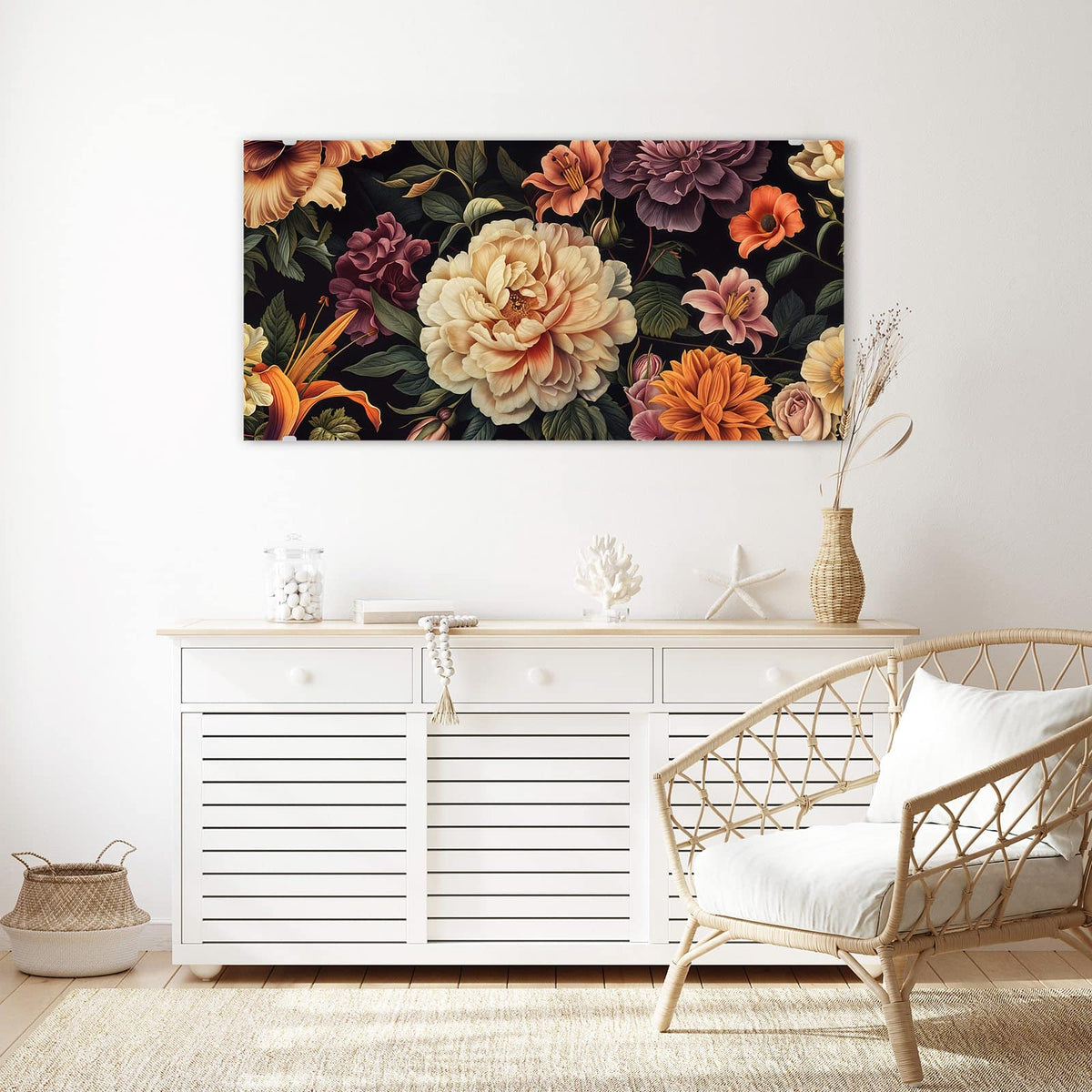Echtglas, 4 mm – kein Acryl, keine Folie – Wandbild - Barocke Blüten - Querformat