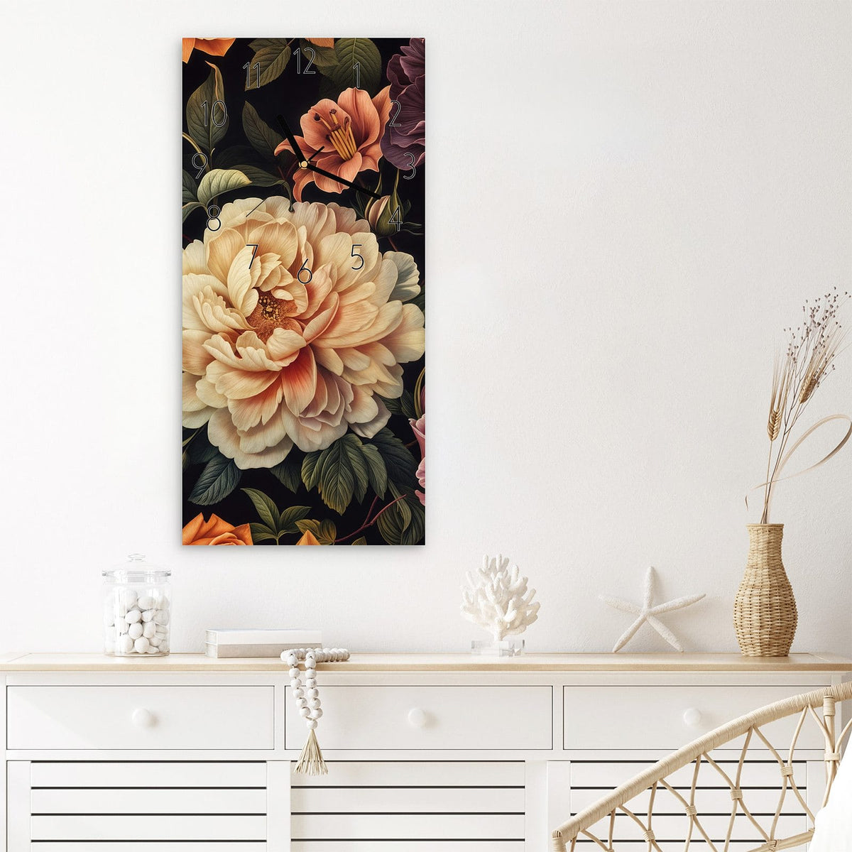 Wanduhr Blumenwiese Kunst aus Glas – Blumenstillleben vor tiefem Schwarz