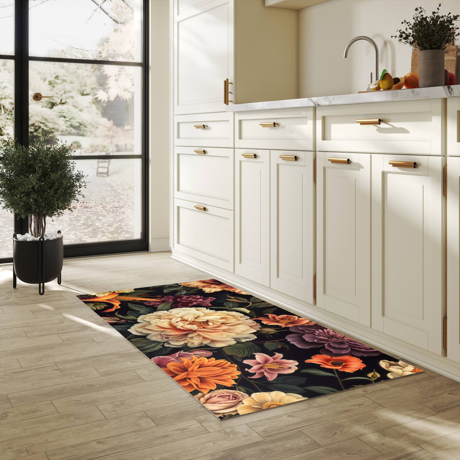 Rutschfester Küchenläufer mit Motiv Blumenwiese Kunst in heller Küche