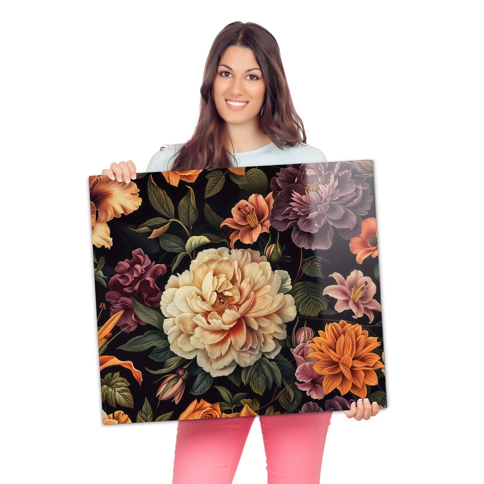 Herdabdeckplatte mit Blumenwiese Kunst-Motiv wird zur Größendarstellung gehalten