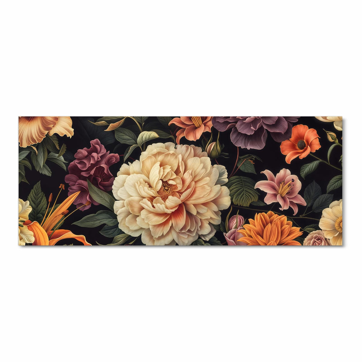 Üppige Pfingstrosen, Dahlien und Lilien in Creme, Orange und Violett vor Tiefschwarz