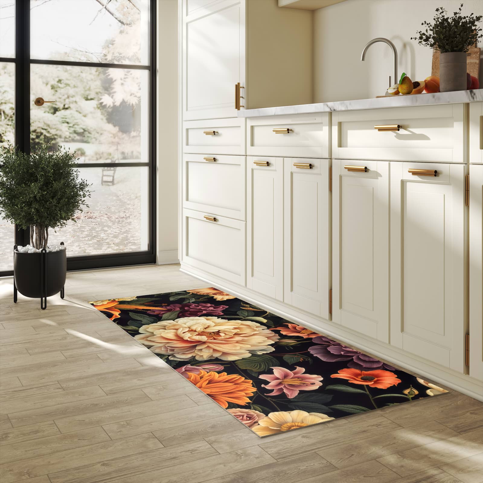 Langlebiger, waschbarer Küchenläufer mit Motiv Blumenwiese Kunst in heller Küche