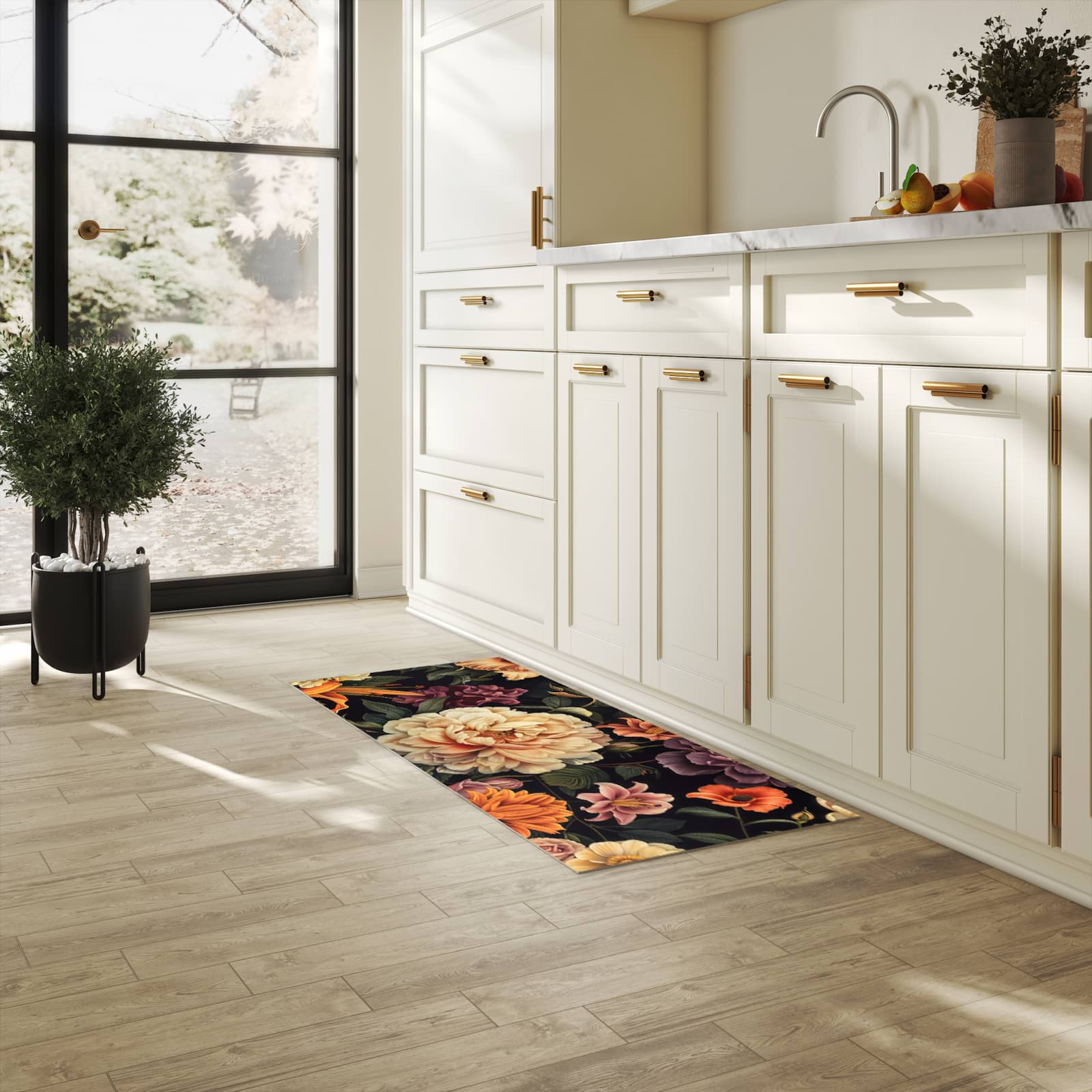 UV-beständiger rutschfester Küchenläufer mit Motiv Blumenwiese Kunst in heller Küche