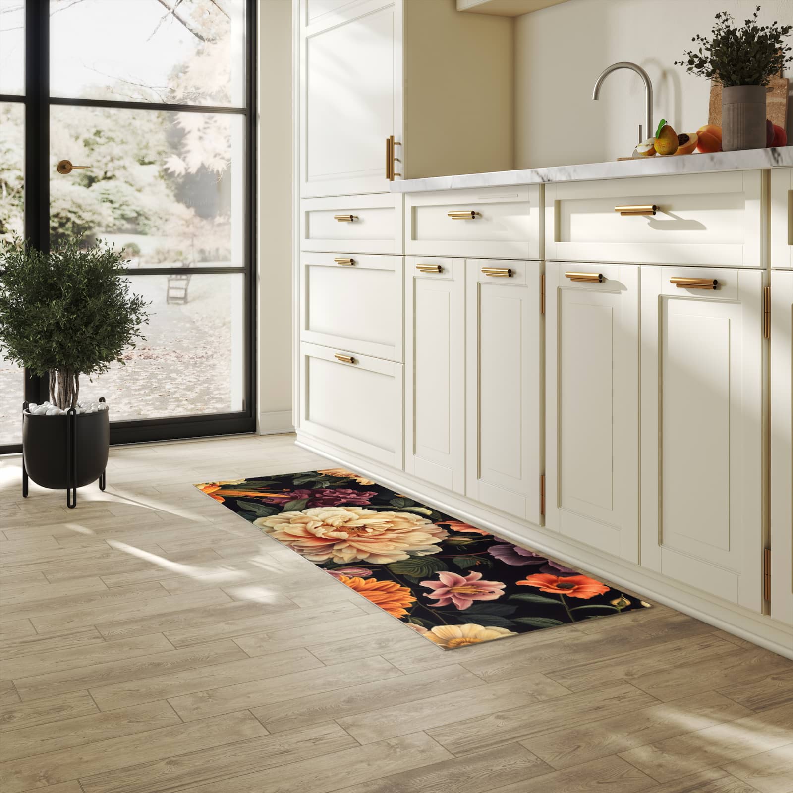 Rutschfester Küchenläufer mit Motiv Blumenwiese Kunst für Trittkomfort in heller Küche