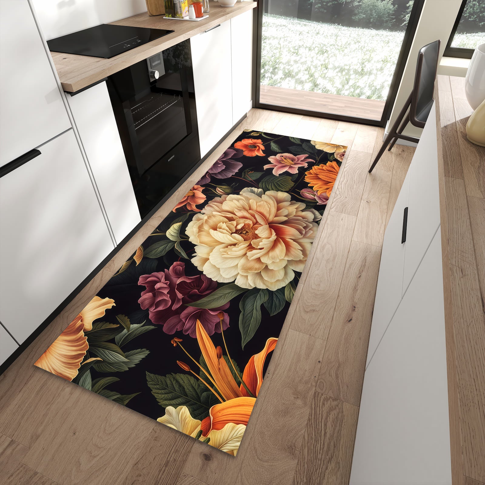 Farbbeständiger rutschfester Küchenläufer mit Motiv Blumenwiese Kunst in moderner Küche