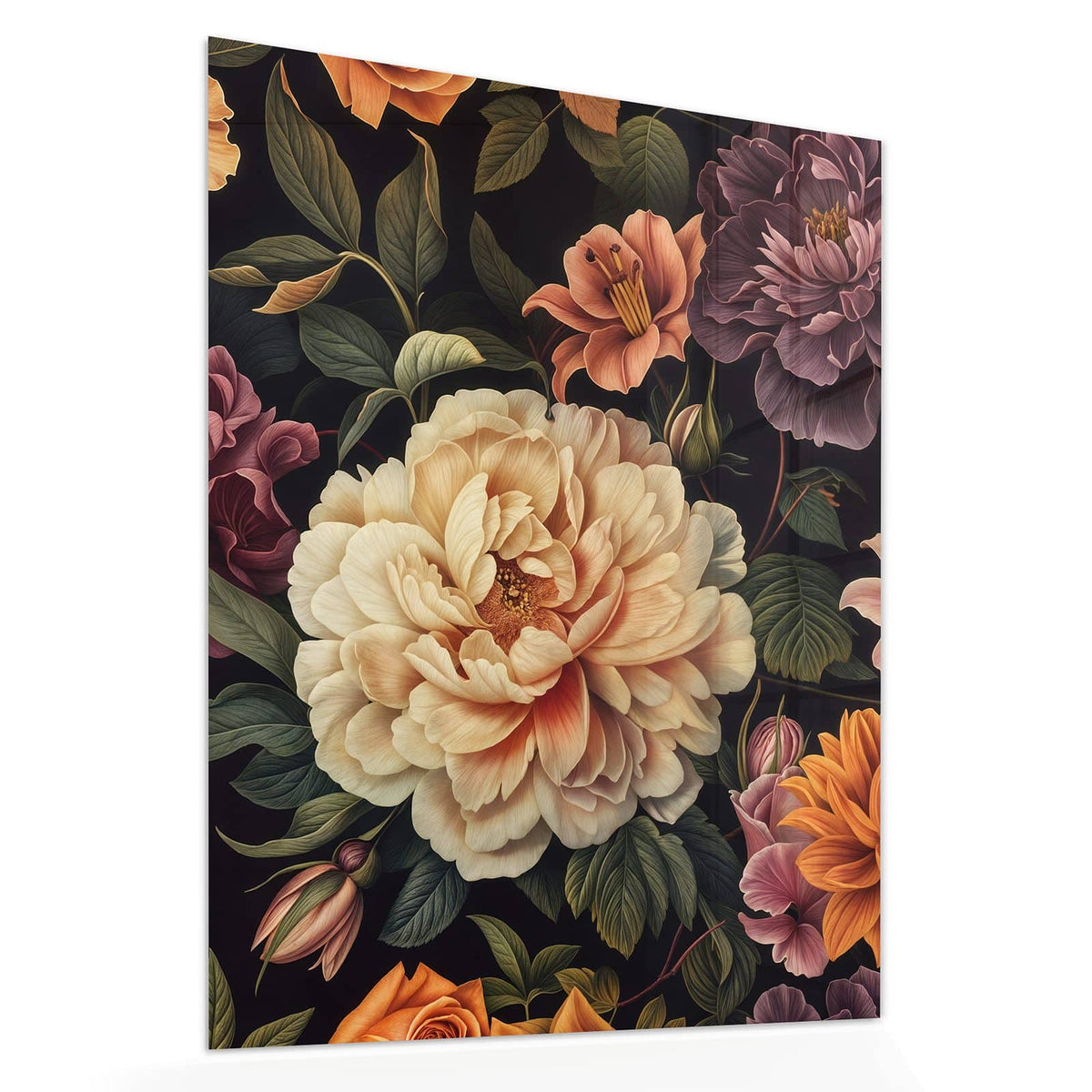Echtglas, 4 mm – kein Acryl, keine Folie – Wandbild - Barocke Blüten - Hochformat