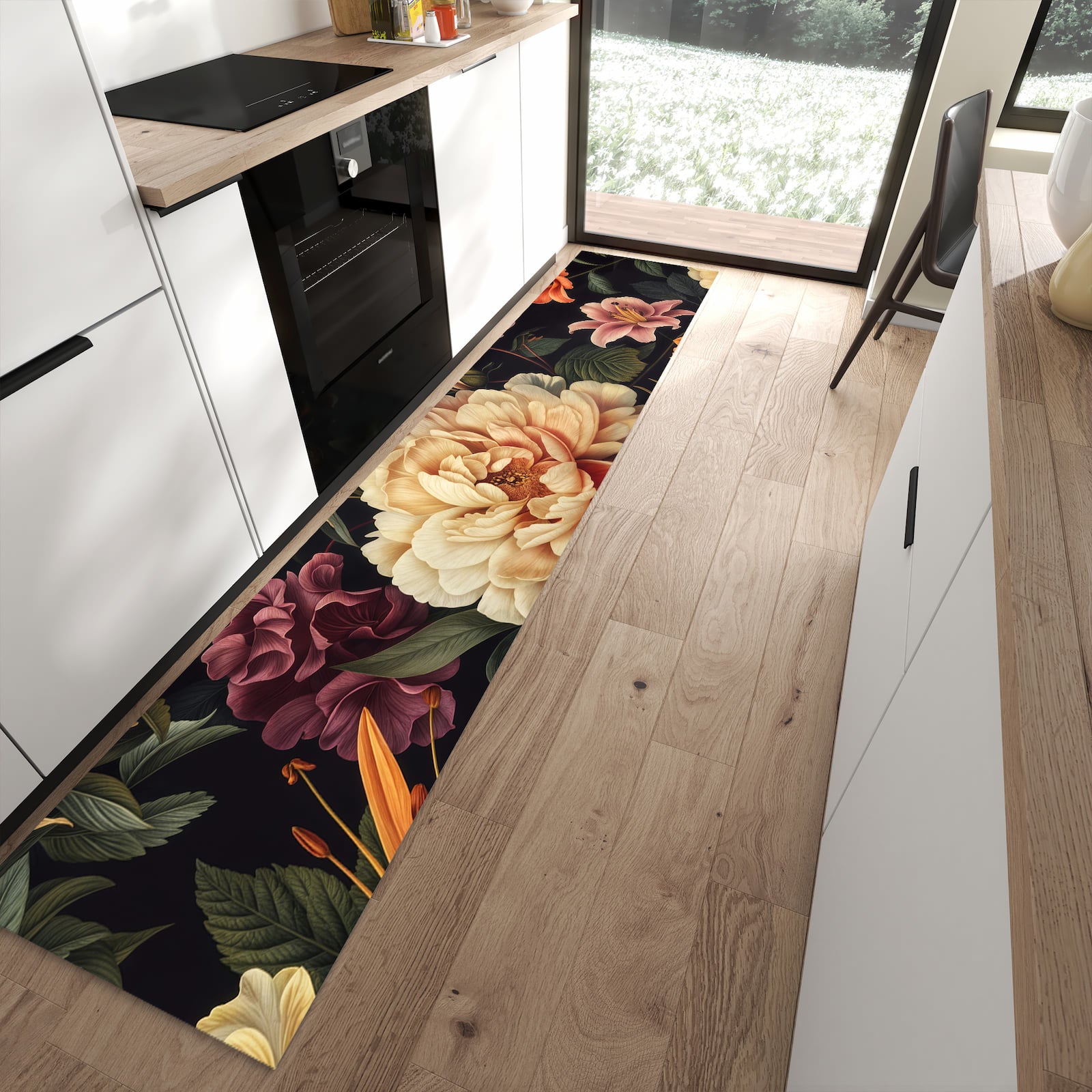 Waschbarer großer Küchenteppich mit Motiv Blumenwiese Kunst in moderner Küche