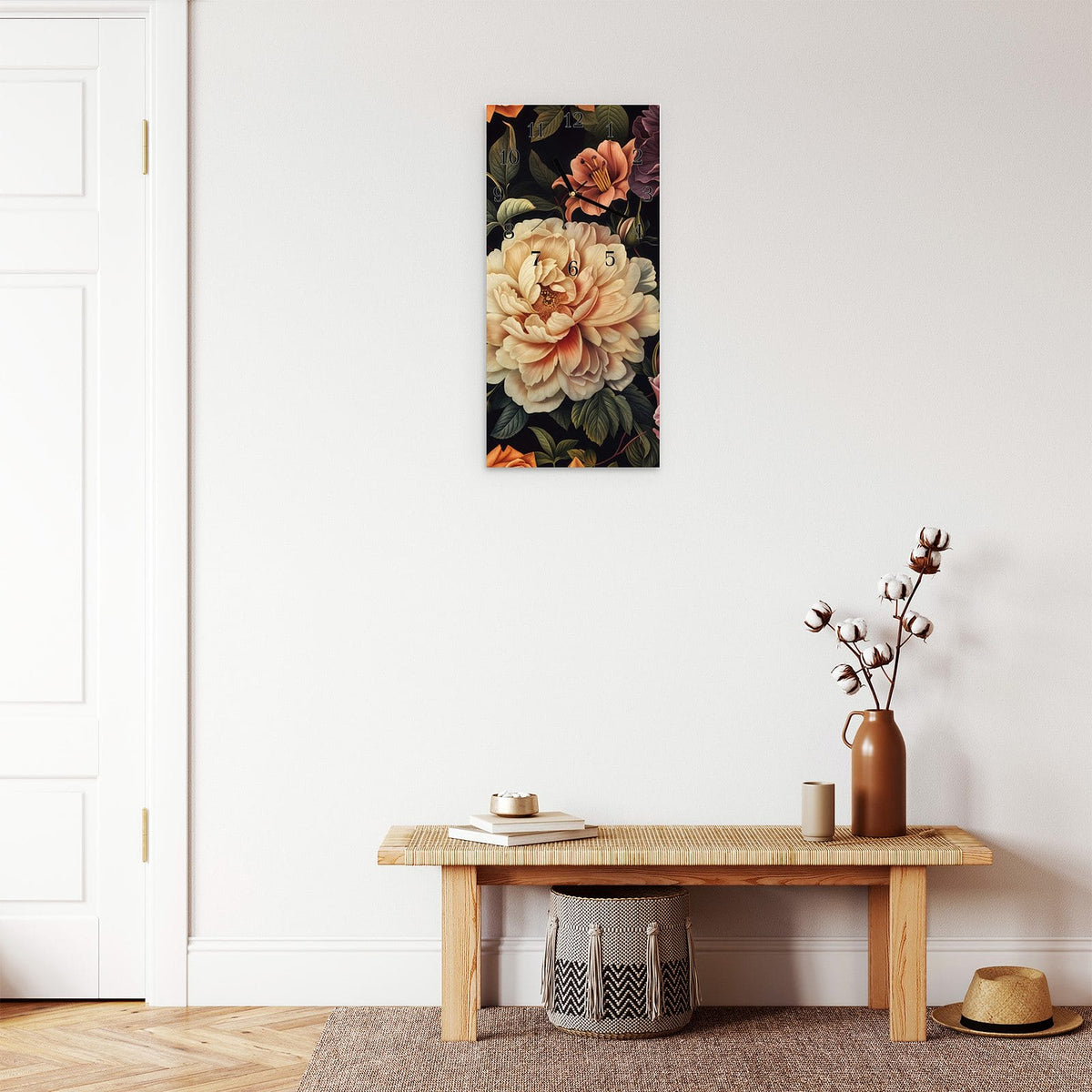 Moderne Wanduhr aus Glas mit Farbtiefe – Wanduhr Blumenwiese Kunst aus Glas – Hochformat 30 × 60 cm