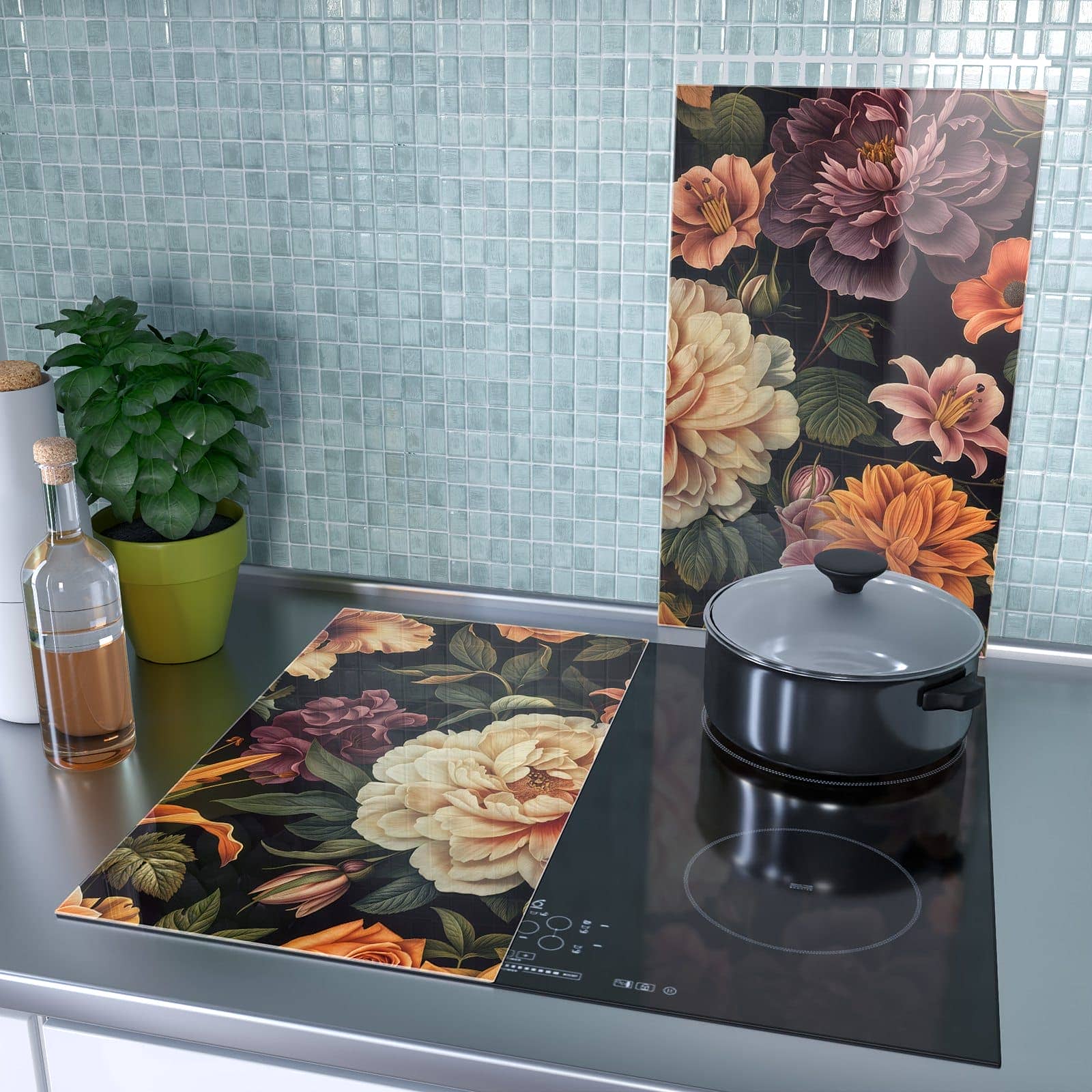 2-teilige Ceranfeld Abdeckungen mit Blumenwiese Kunst-Motiv als Spritzschutz hinter dem Kochfeld