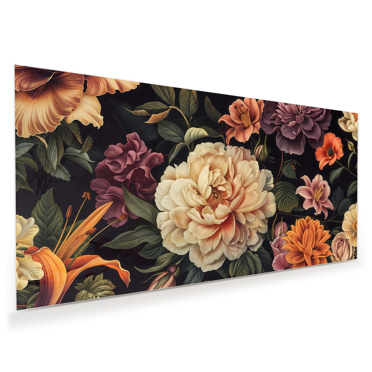 Üppige Pfingstrosen, Dahlien und Lilien in Creme, Orange und Violett vor Tiefschwarz
