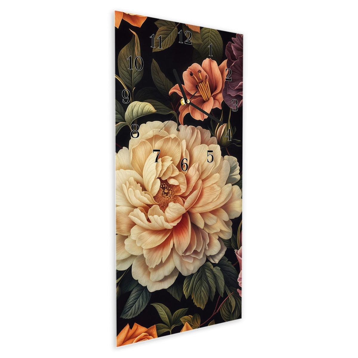 Vormontiert – mit Schwebeeffekt – Wanduhr Blumenwiese Kunst aus Glas – Hochformat 30 × 60 cm