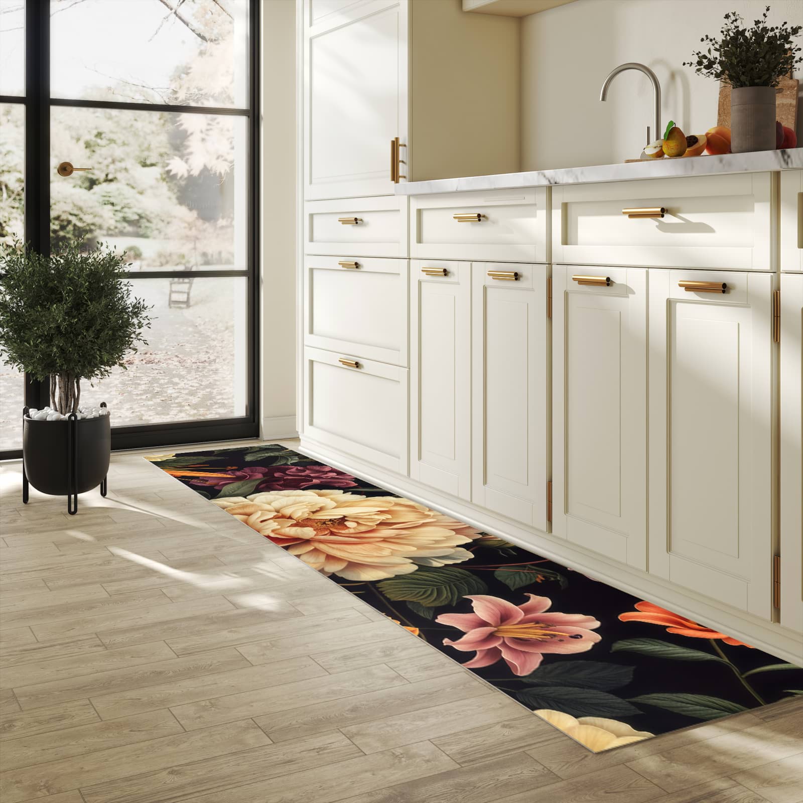 Schmutzabweisender moderner Küchenläufer mit Motiv Blumenwiese Kunst in heller Küche