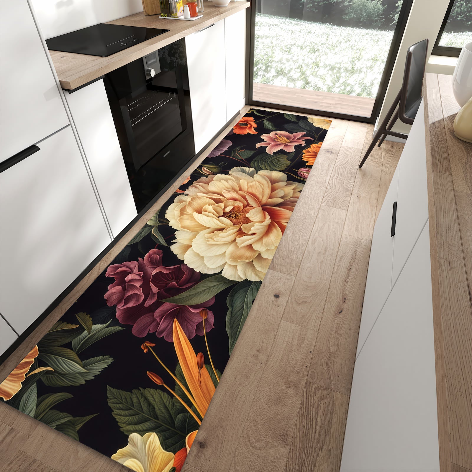 Waschbarer Küchenläufer mit Motiv Blumenwiese Kunst für Ordnung in moderner Küche