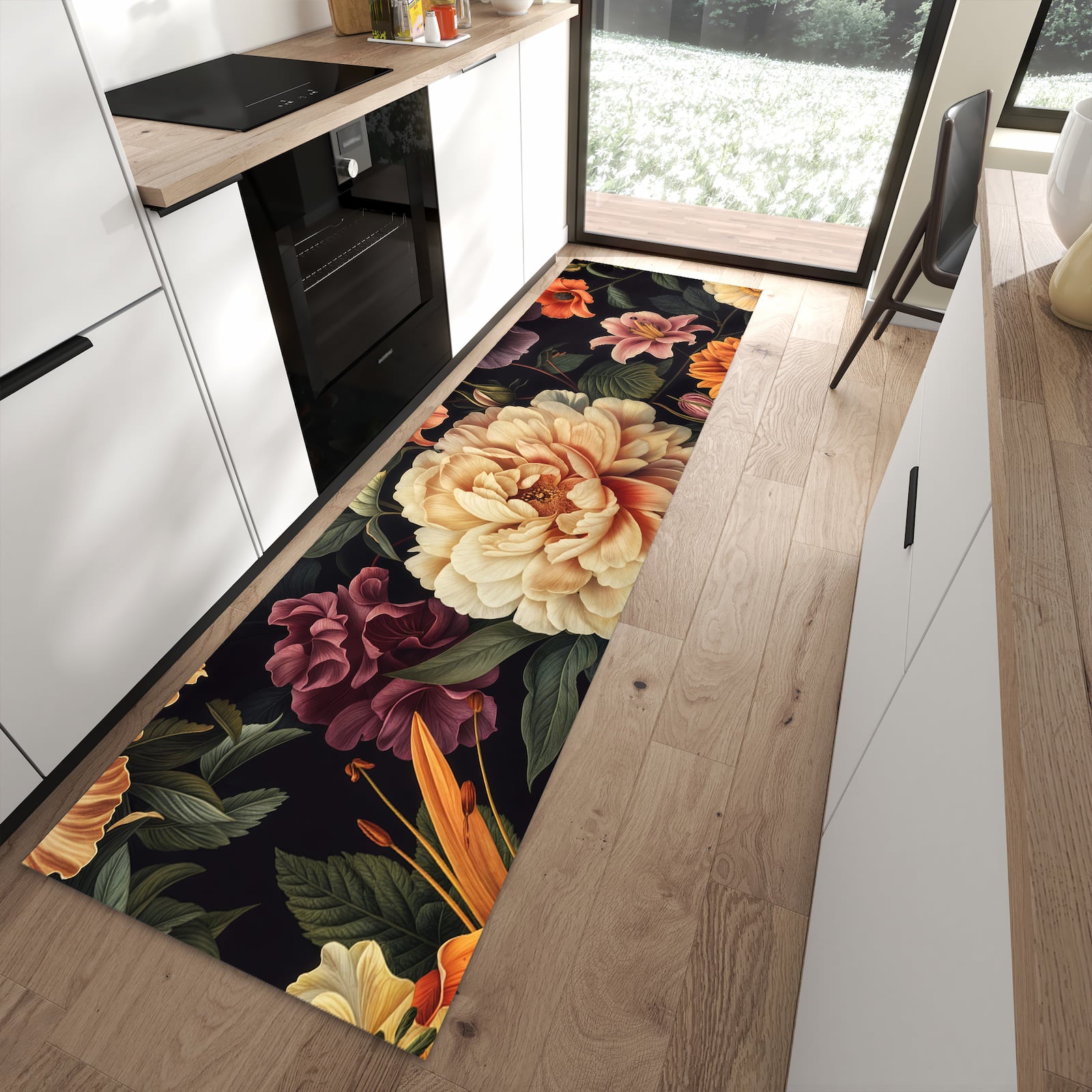 Bodenschonender Küchenläufer mit Motiv Blumenwiese Kunst in moderner Küche