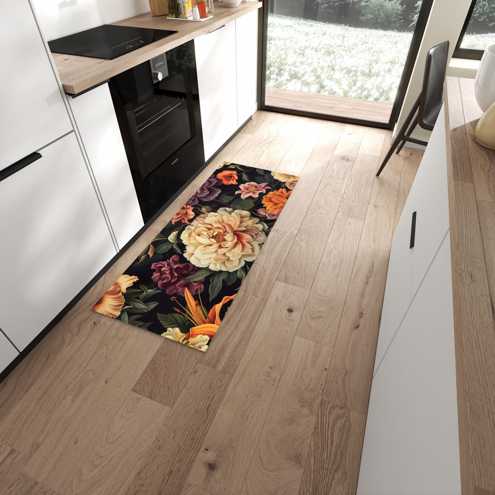 Rutschfester Küchenteppich mit Motiv Blumenwiese Kunst in moderner Küche - leicht zu reinigen #grösse_60 x 150 cm