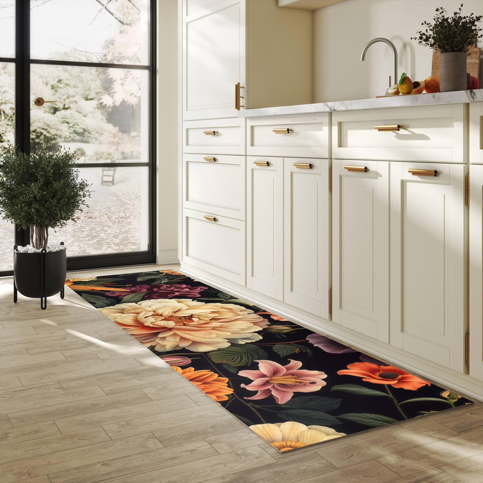 Pflegeleichter Küchenläufer mit Motiv Blumenwiese Kunst in heller Küche