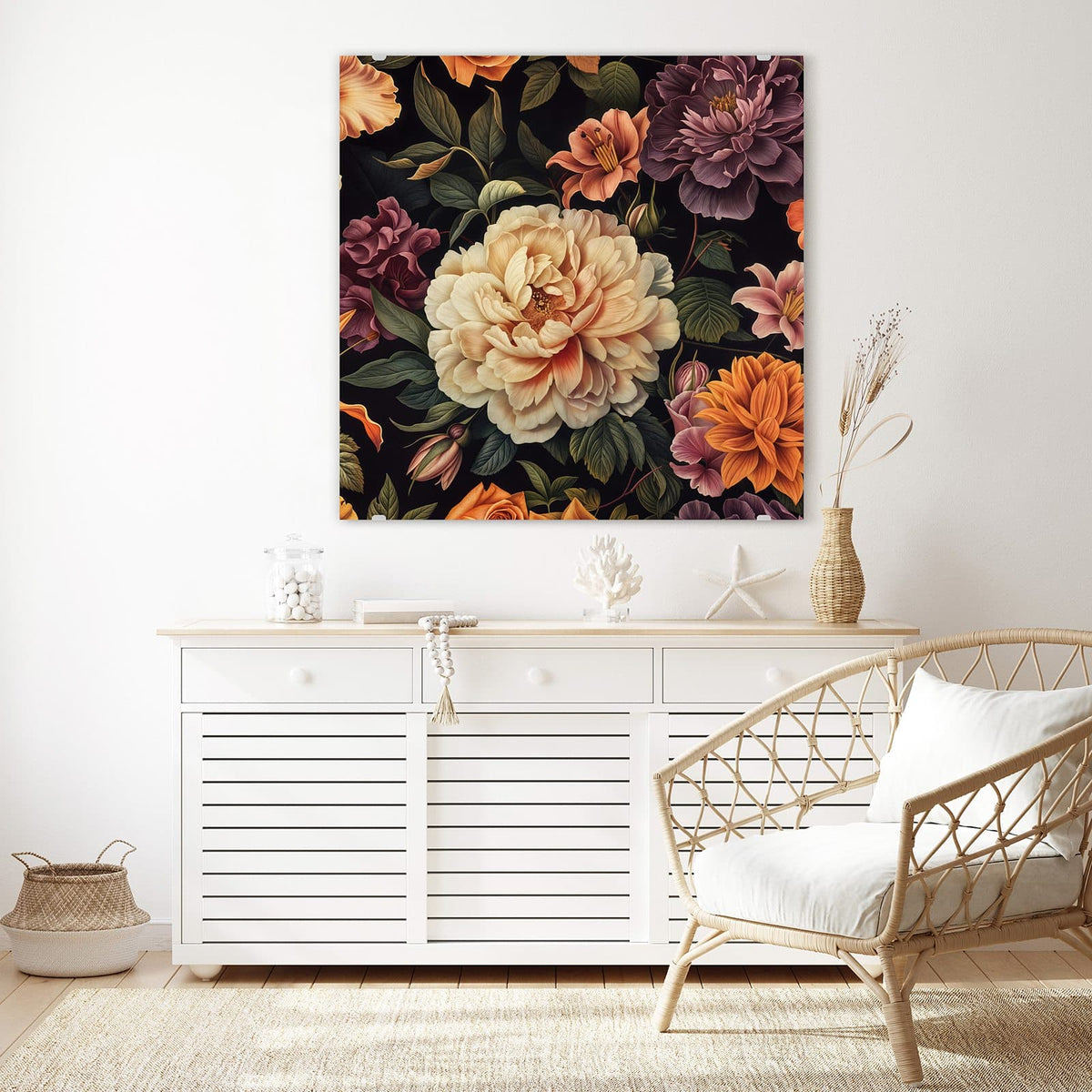 Echtglas, 4 mm – kein Acryl, keine Folie – Wandbild - Barocke Blüten - Quadratisch