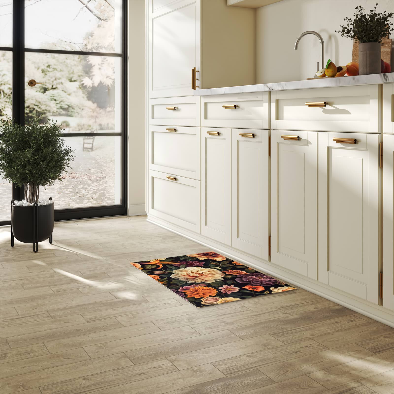 Geruchsneutraler Küchenläufer nach Maß mit Motiv Blumenwiese Kunst in heller Küche