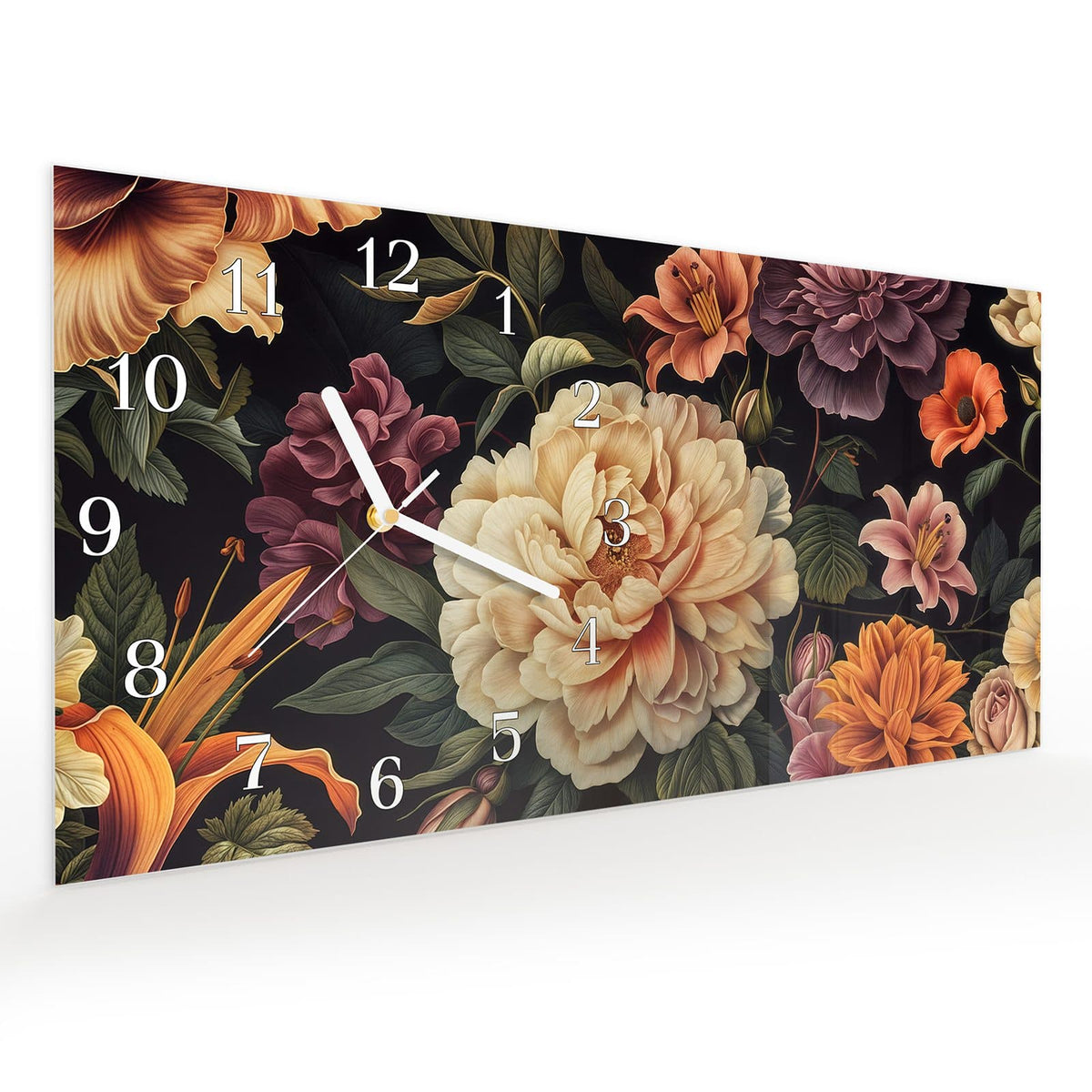 Vormontiert – mit Schwebeeffekt – Wanduhr Blumenwiese Kunst aus Glas – Querformat 60 × 30 cm