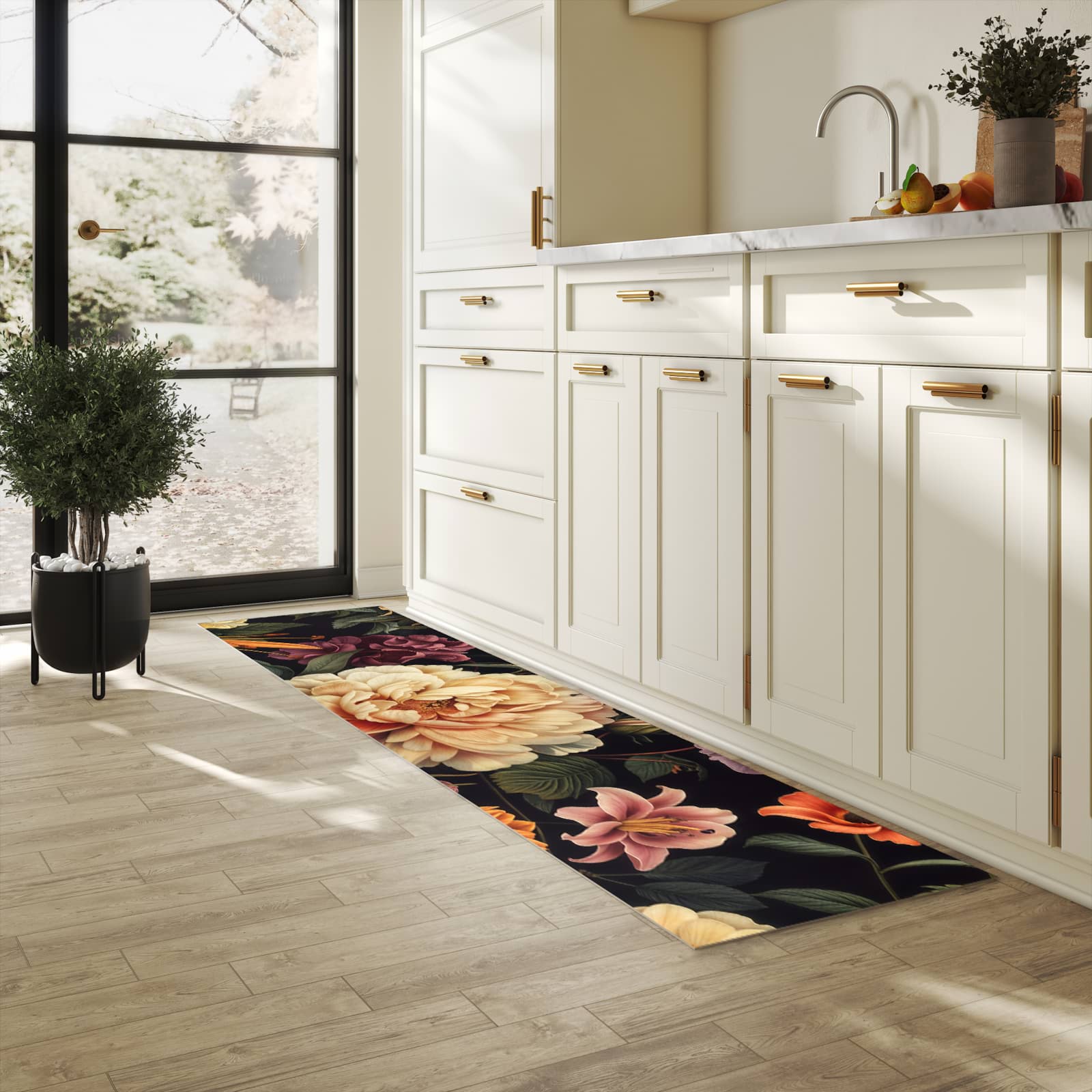 Fleckenresistenter rutschfester Küchenläufer mit Motiv Blumenwiese Kunst in heller Küche