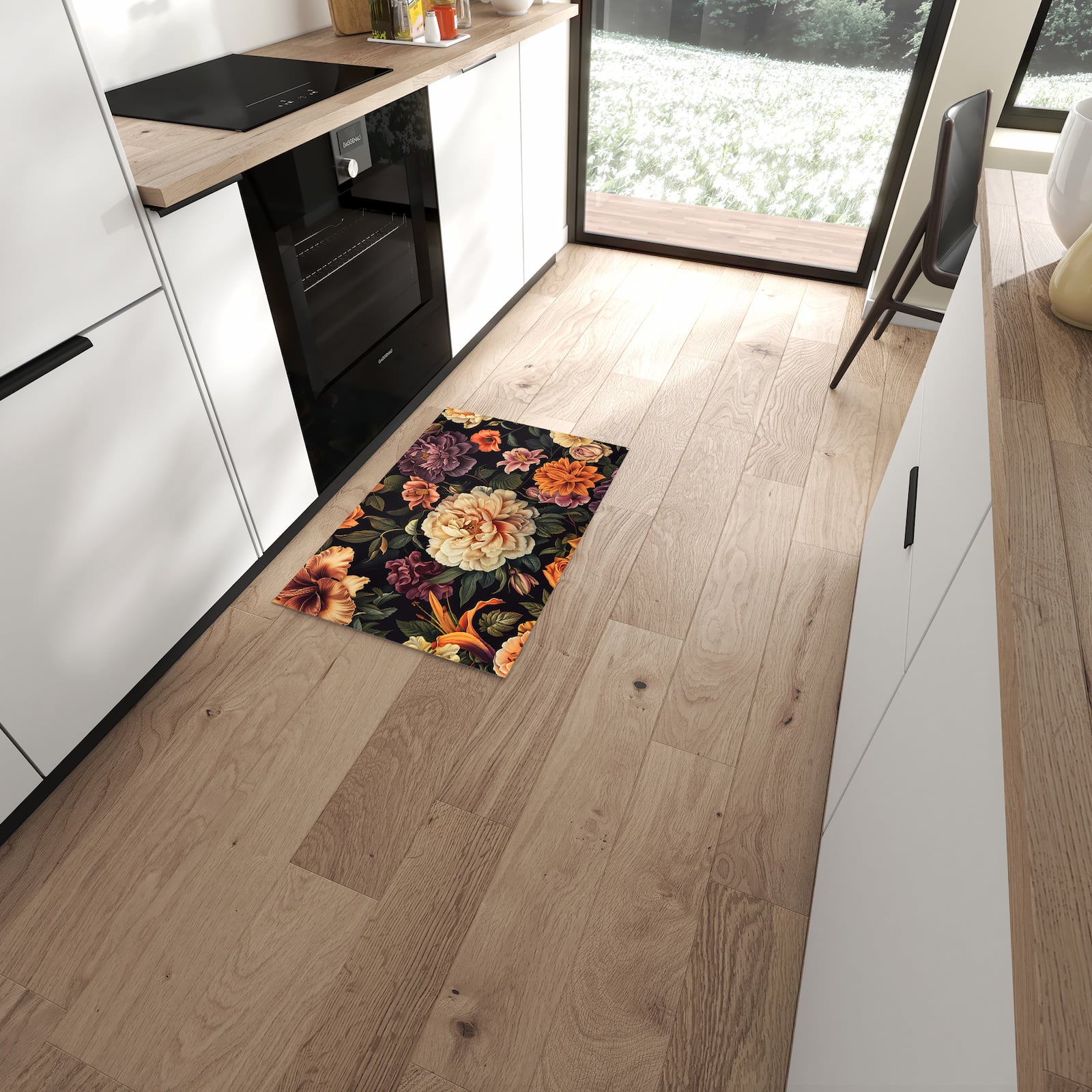 Langlebiger rutschfester Küchenteppich mit Motiv Blumenwiese Kunst in moderner Küche
