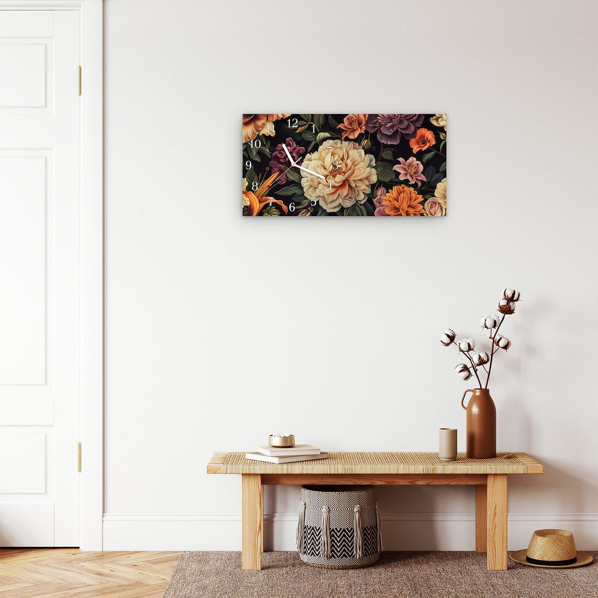 Moderne Wanduhr aus Glas mit Farbtiefe – Wanduhr Blumenwiese Kunst aus Glas – Querformat 60 × 30 cm