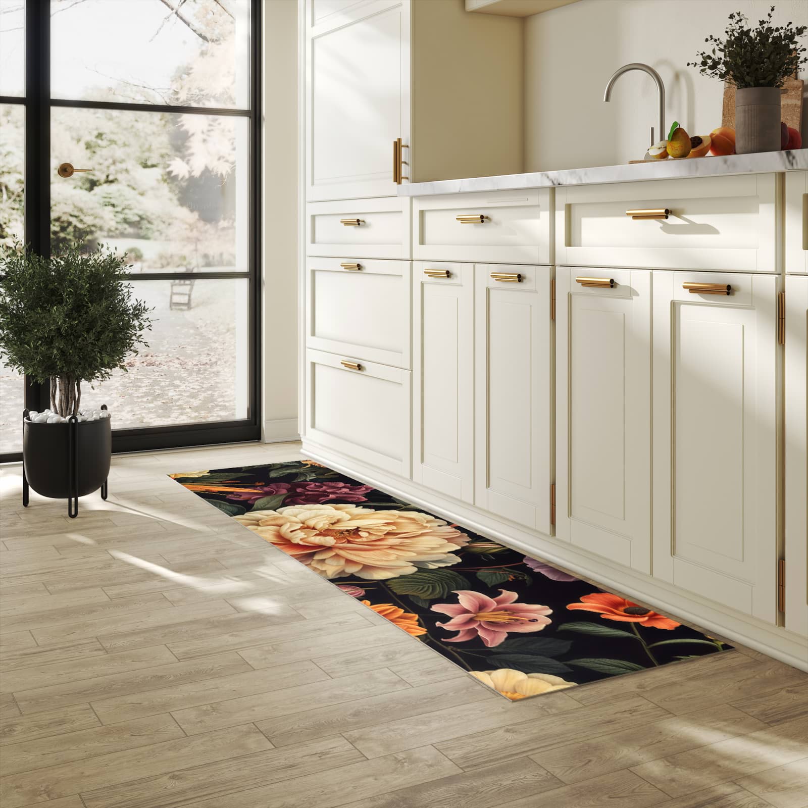 Wasserabweisender waschbarer Küchenläufer mit Motiv Blumenwiese Kunst in heller Küche