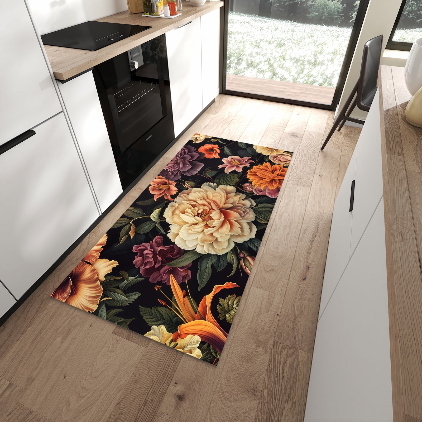 Bodenschonender Küchenläufer mit Motiv Blumenwiese Kunst in moderner Küche